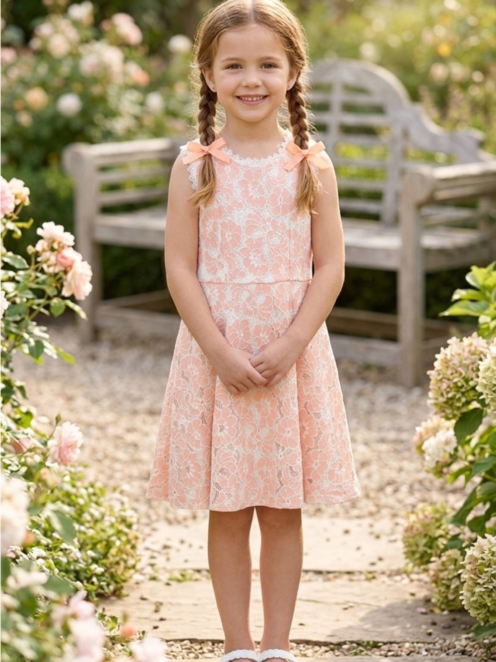 Bonnie Jean Peach and Cream Lace Dress Girls Size 8